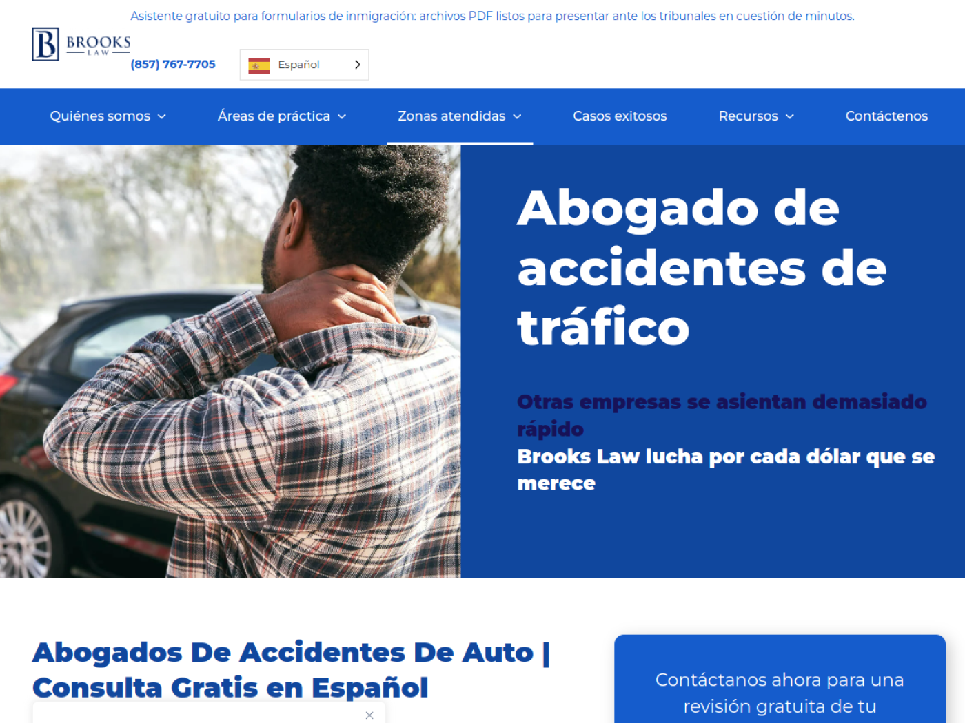Página de Brooks Law Firm sobre abogados de accidentes de auto en Massachusetts, en español