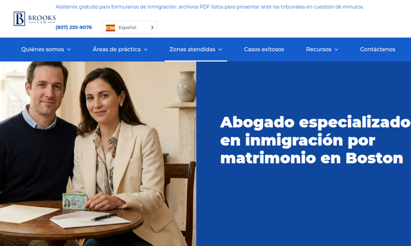 Página de Brooks Law Firm sobre abogados de inmigración por matrimonio en Boston, en español