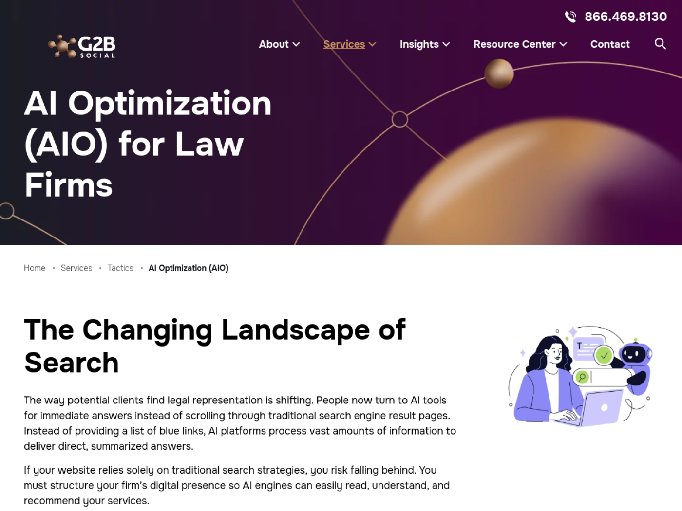 Good2bSocial AI Optimization for law firms page, AI search optimization agencies