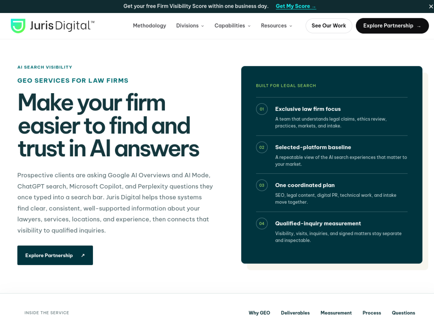 Juris Digital GEO services for law firms page, AI search optimization agencies