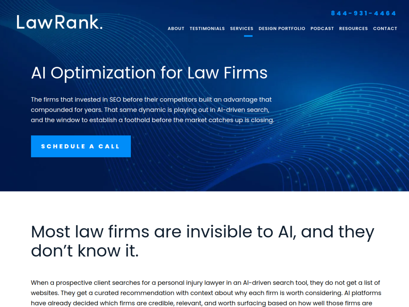 LawRank AI Optimization for Law Firms page, AI search optimization agencies