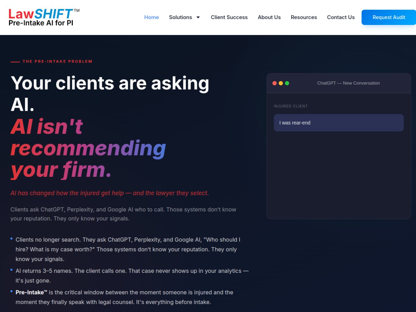 LawShift homepage, an agency that helps personal injury firms get mentioned in ChatGPT