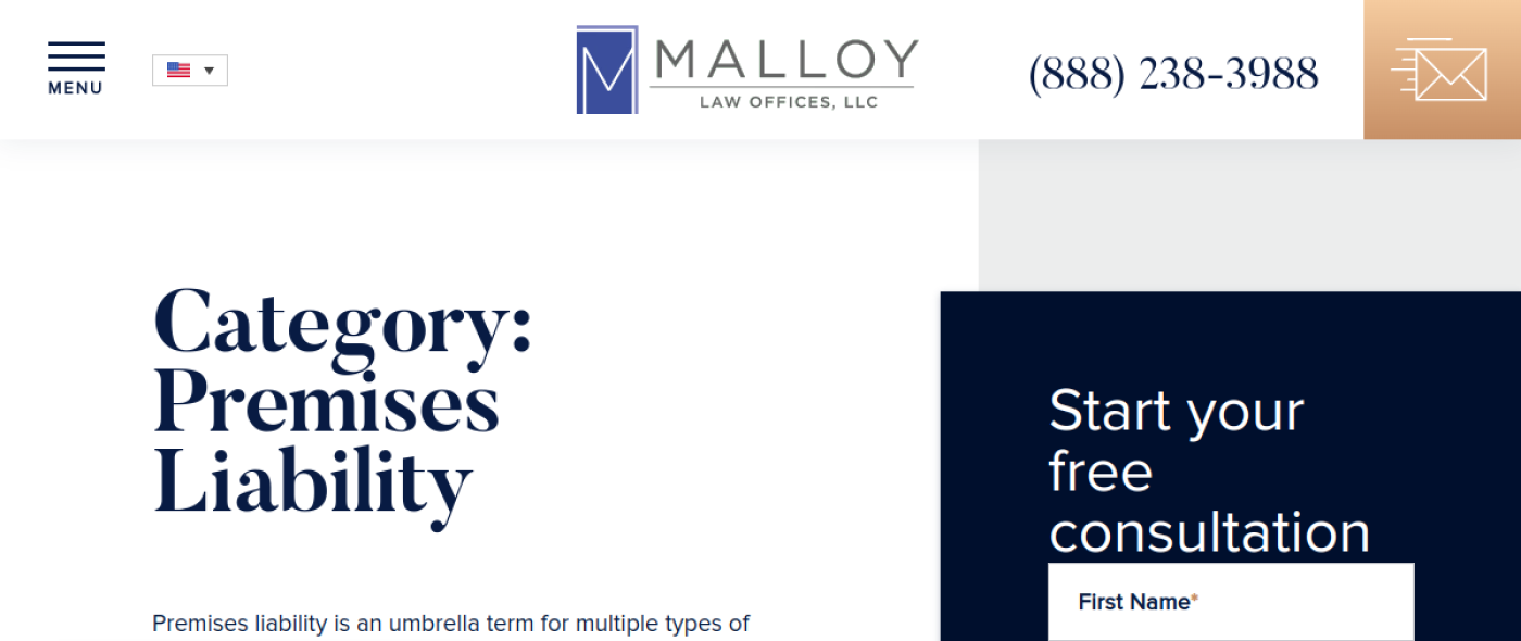 Malloy Law Offices premises liability page, Maryland injury lawyers