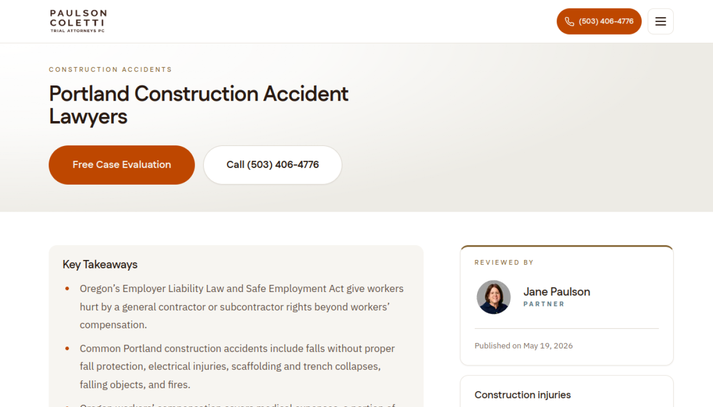 Paulson Coletti Trial Attorneys Portland construction accident lawyers page