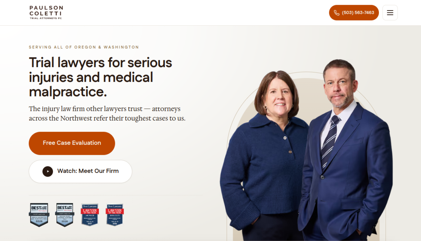 Paulson Coletti Trial Attorneys homepage, Oregon truck accident lawyers
