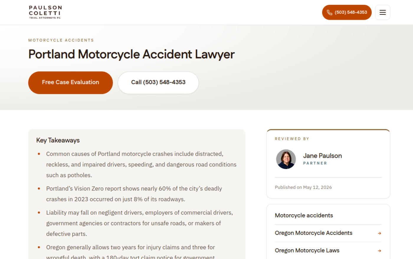 Paulson Coletti Trial Attorneys Portland motorcycle accident lawyer page