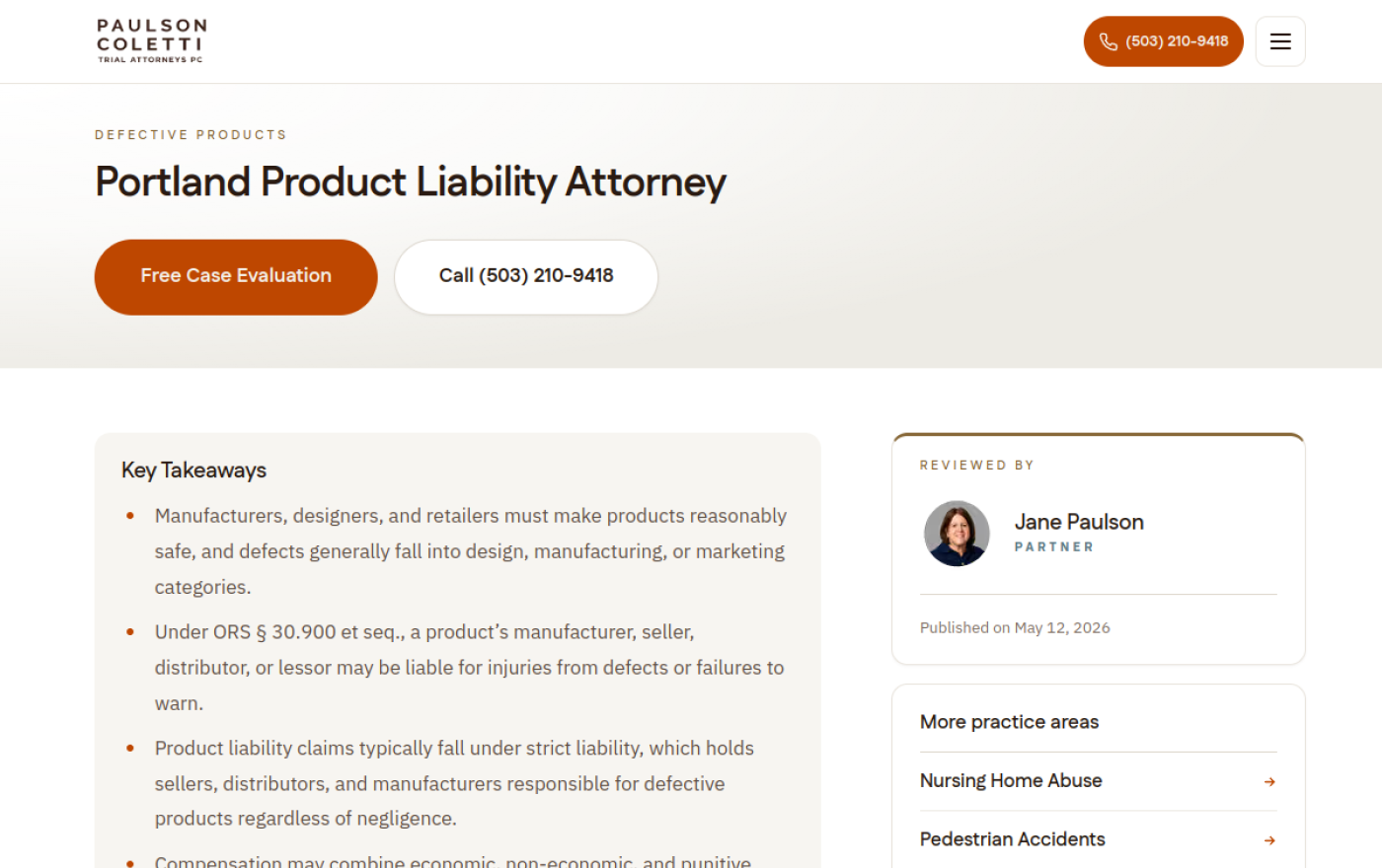 Paulson Coletti Trial Attorneys Portland product liability attorney page