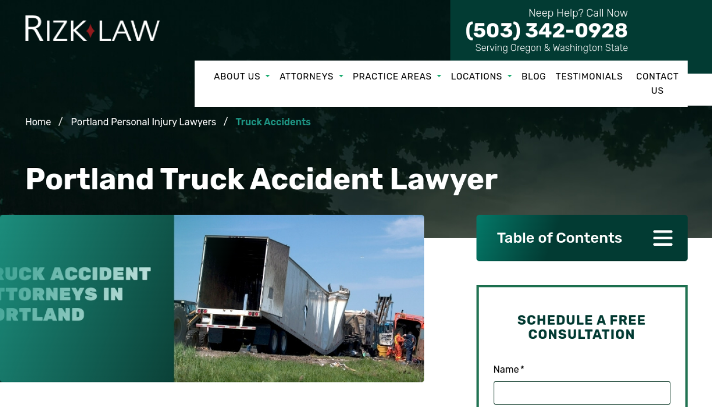 Rizk Law Portland truck accident lawyer page
