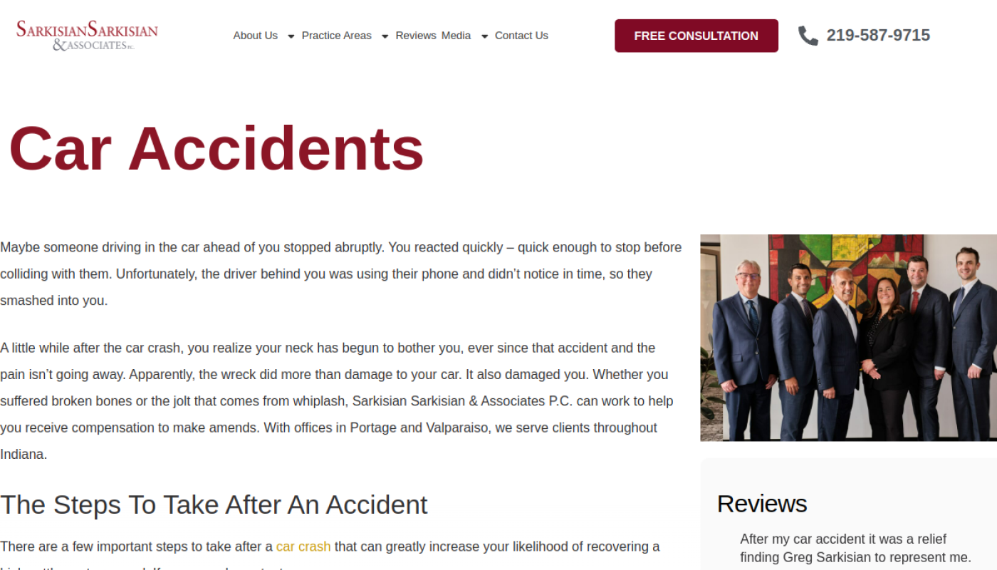 Sarkisian Sarkisian & Associates car accident page, Indiana car accident lawyers