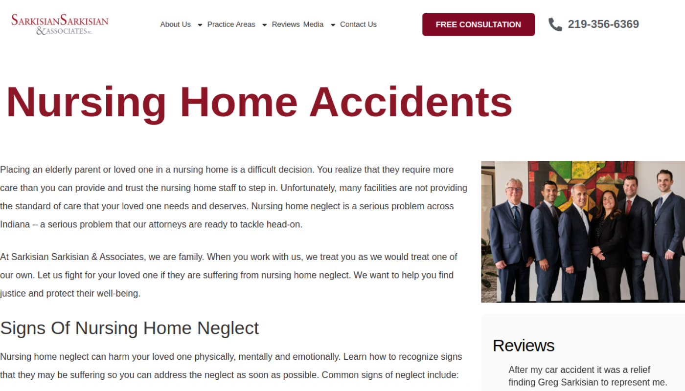 Sarkisian Sarkisian & Associates nursing home neglect page, Portage, Indiana